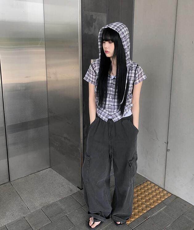 chic 여름 다용도 체크무늬 측면 펌프 로프 후드 반팔 체크무늬 후드 셔츠 상세 이미지 15