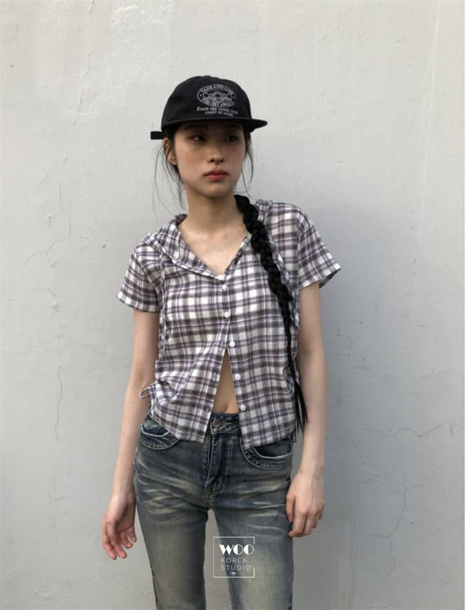 chic 여름 다용도 체크무늬 측면 펌프 로프 후드 반팔 체크무늬 후드 셔츠 상세 이미지 16