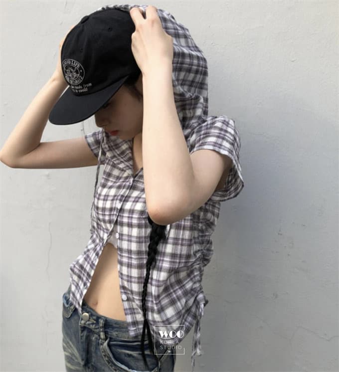 chic 여름 다용도 체크무늬 측면 펌프 로프 후드 반팔 체크무늬 후드 셔츠 상세 이미지 21