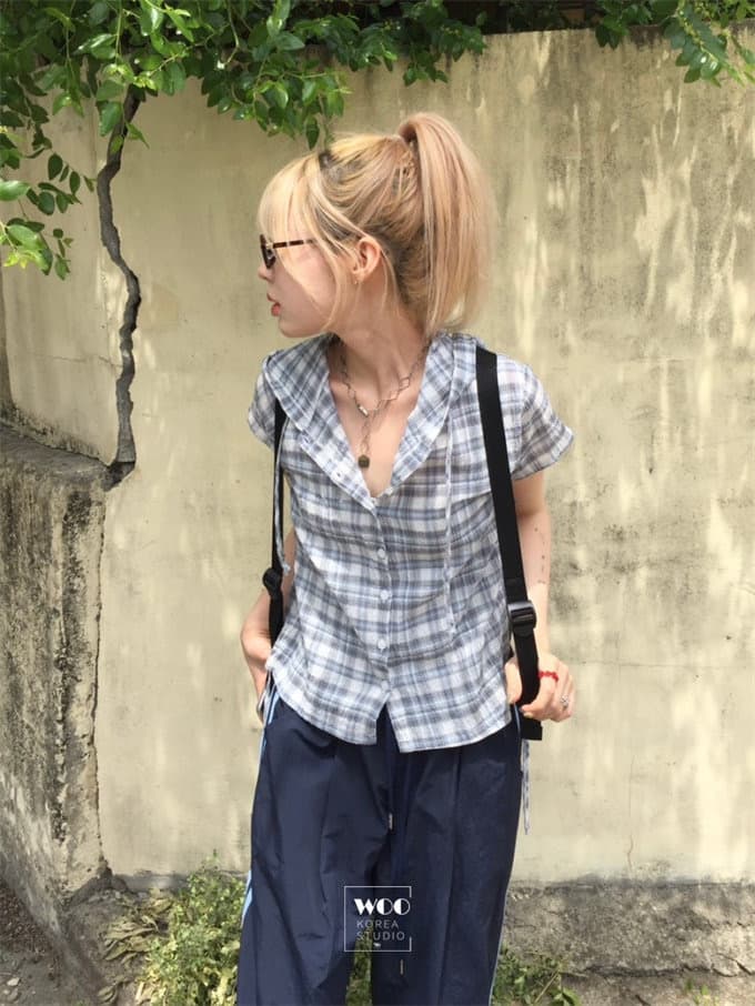 chic 여름 다용도 체크무늬 측면 펌프 로프 후드 반팔 체크무늬 후드 셔츠 상세 이미지 22
