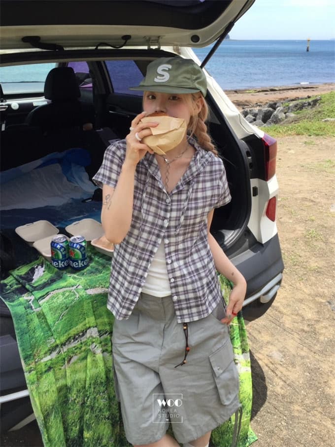 chic 여름 다용도 체크무늬 측면 펌프 로프 후드 반팔 체크무늬 후드 셔츠 상세 이미지 23