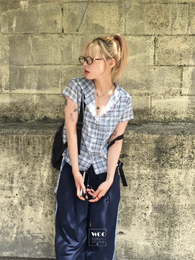 chic 여름 다용도 체크무늬 측면 펌프 로프 후드 반팔 체크무늬 후드 셔츠 상세 이미지 27