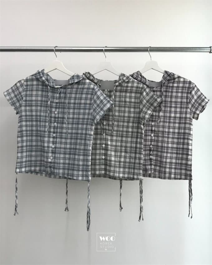 chic 여름 다용도 체크무늬 측면 펌프 로프 후드 반팔 체크무늬 후드 셔츠 상세 이미지 29