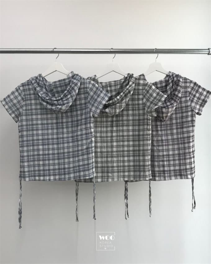 chic 여름 다용도 체크무늬 측면 펌프 로프 후드 반팔 체크무늬 후드 셔츠 상세 이미지 30