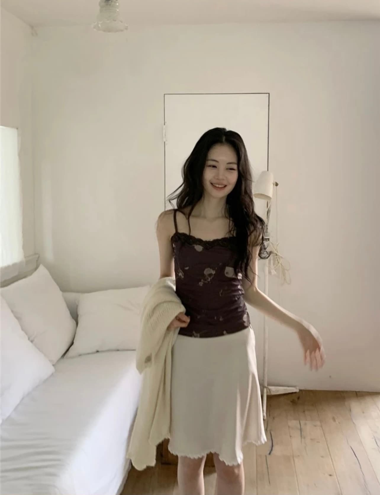 chic 새틴 레이스 측면 미니 반신 스커트 상세 이미지 1