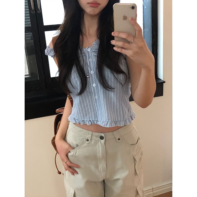 있음 선적 chic 한국 스타일 스트라이프 조끼 상세 이미지 5