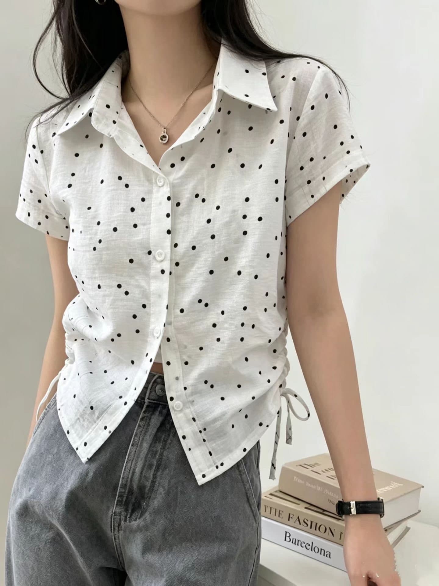chic 다용도 캐주얼 레이스업 도트 무늬 셔츠