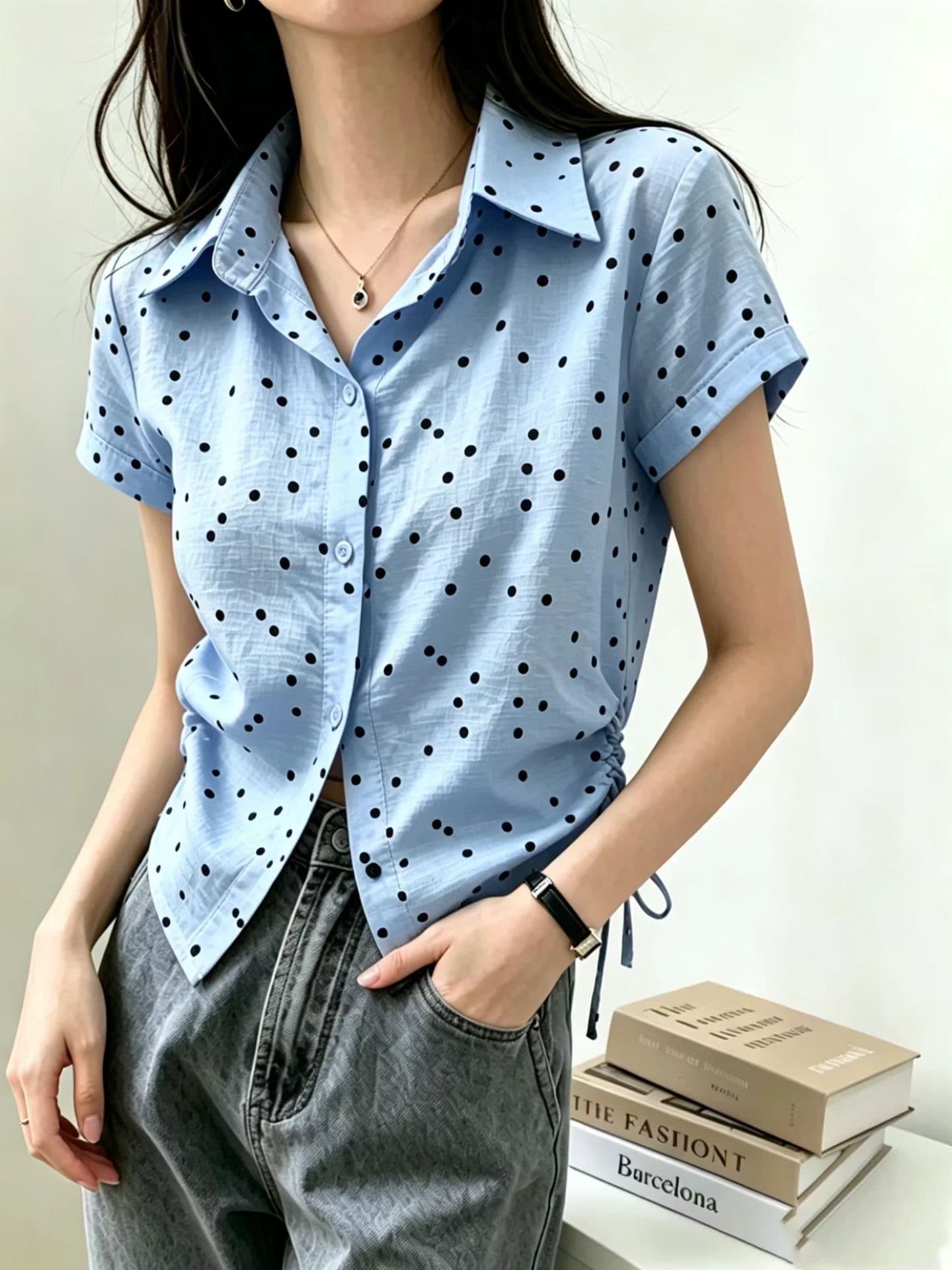 chic 다용도 캐주얼 레이스업 도트 무늬 셔츠 이미지 3