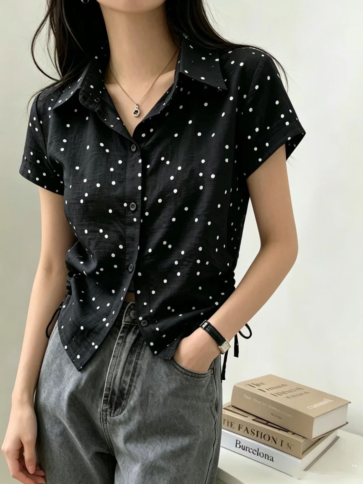 chic 다용도 캐주얼 레이스업 도트 무늬 셔츠 상세 이미지 2
