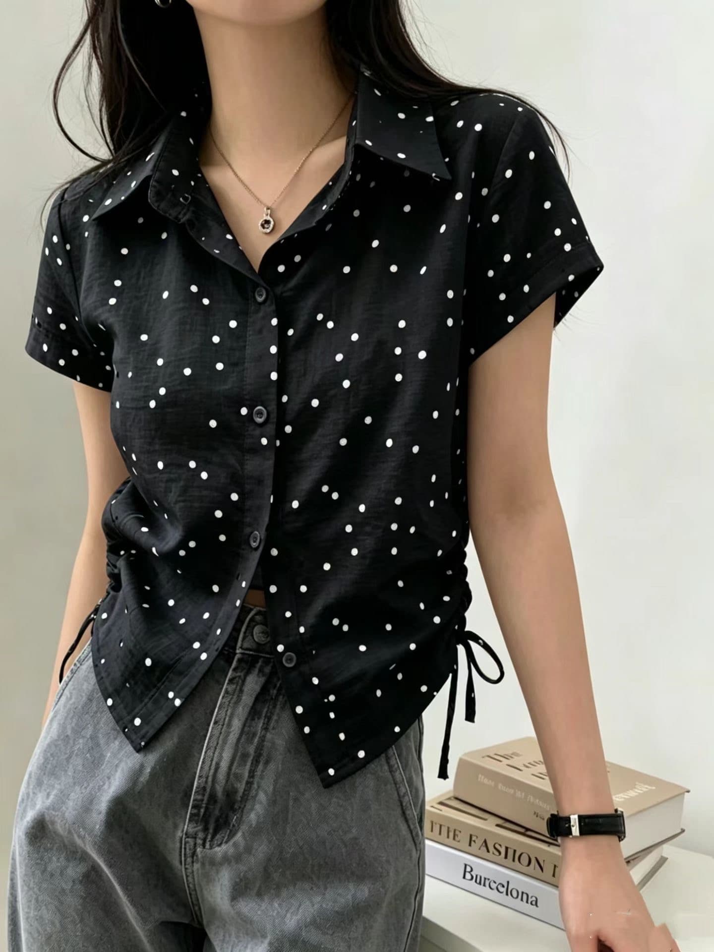 chic 다용도 캐주얼 레이스업 도트 무늬 셔츠 상세 이미지 5