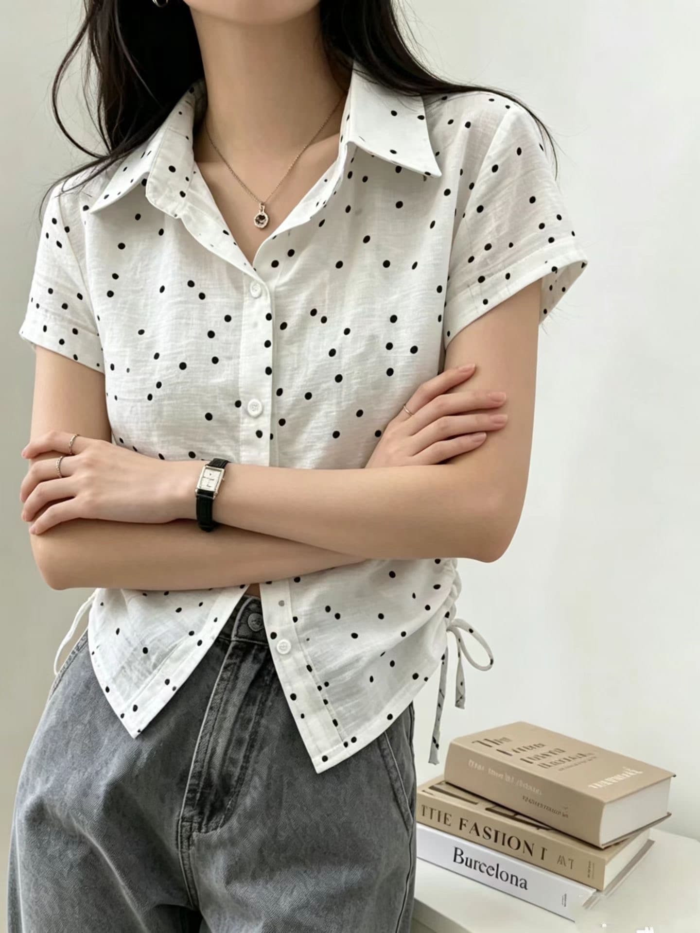 chic 다용도 캐주얼 레이스업 도트 무늬 셔츠 상세 이미지 6