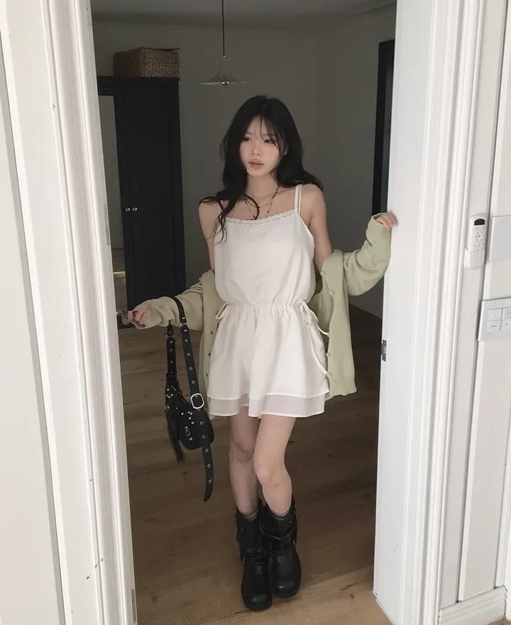 있음 선적 한국 chic 품격 다용도 패치워크 레이스 허리 펌프 로프 슬립 드레스 상세 이미지 12