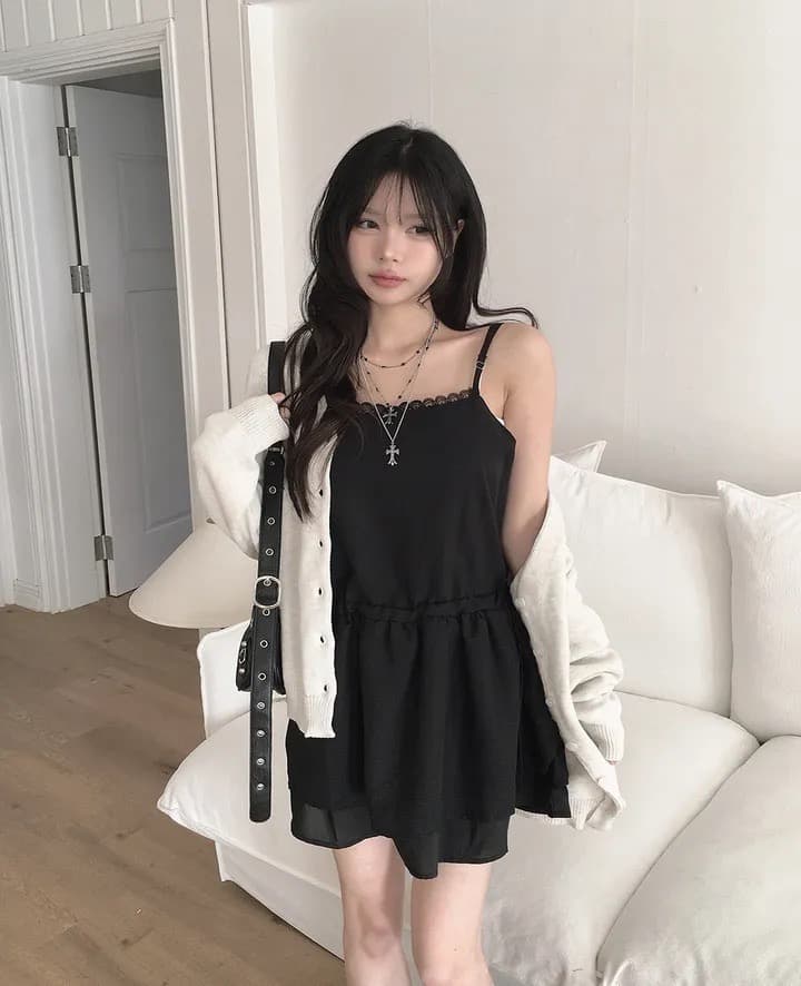 있음 선적 한국 chic 품격 다용도 패치워크 레이스 허리 펌프 로프 슬립 드레스 상세 이미지 15