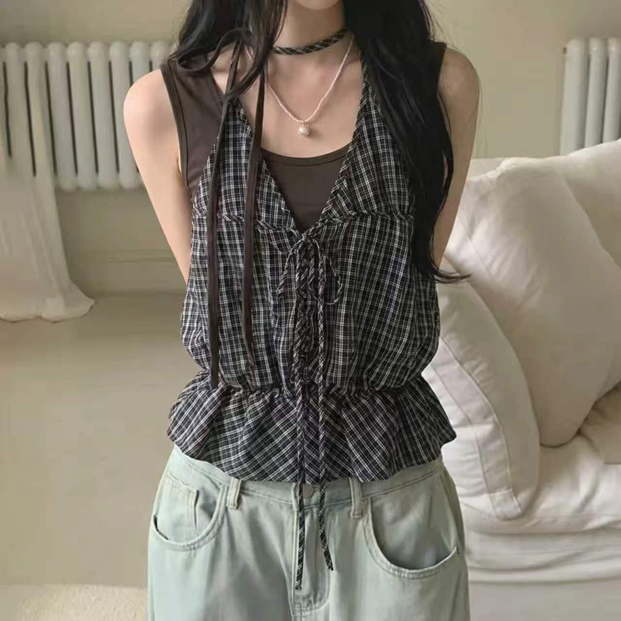 chic 2026 여름 새로운 한 부서 페이크 레이어드 캐미솔 민소매 행침 목 체크무늬 맨위 이미지 2