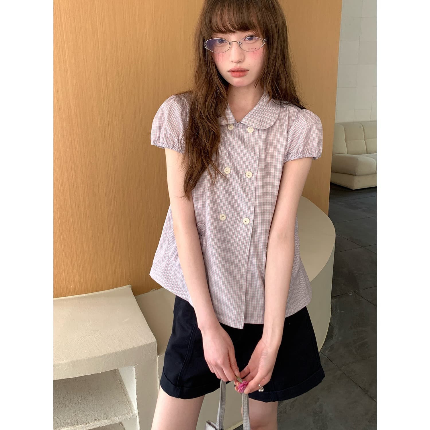 재고 있음 chic 달콤함 레트로 학원 스타일 베이비 칼라 반팔 여성 셔츠