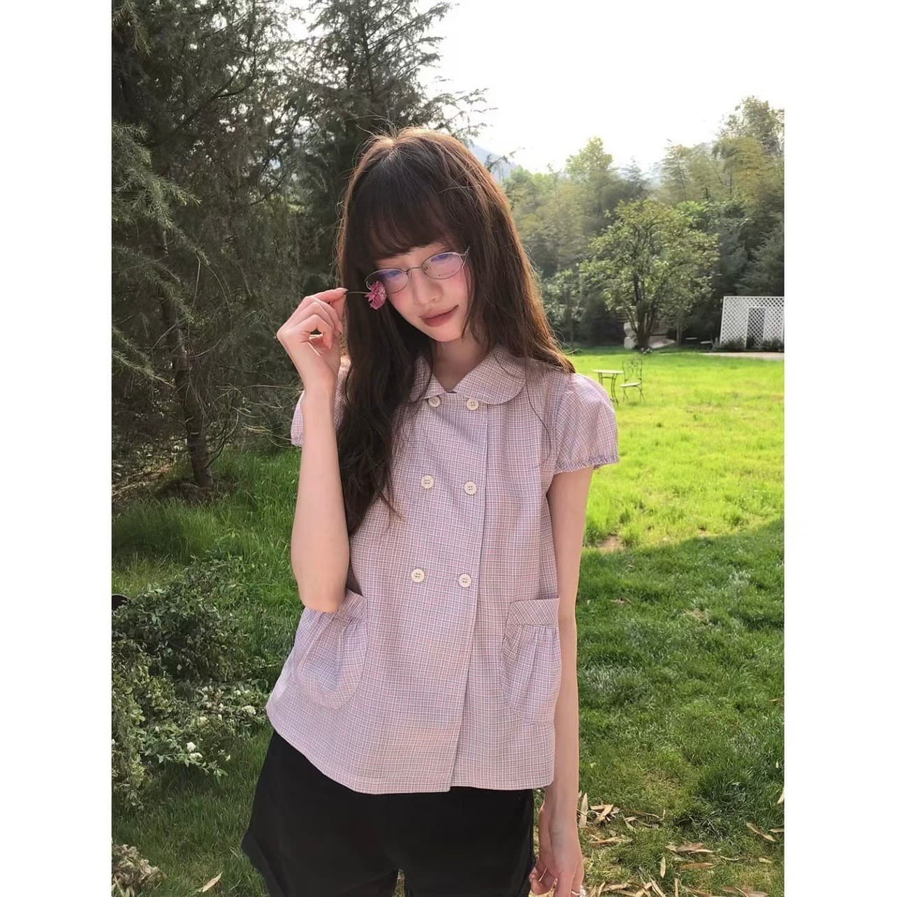 재고 있음 chic 달콤함 레트로 학원 스타일 베이비 칼라 반팔 여성 셔츠 상세 이미지 1