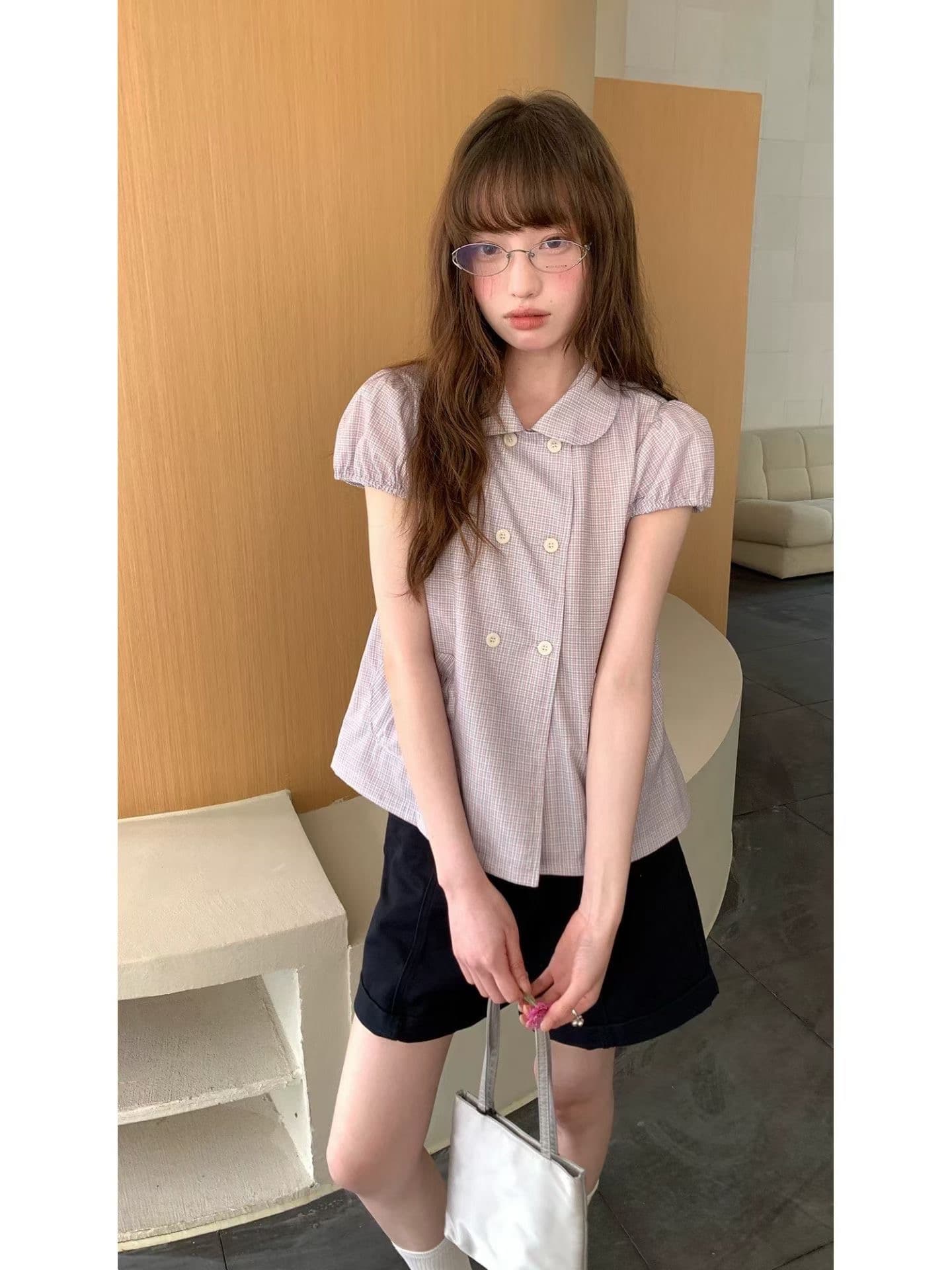 재고 있음 chic 달콤함 레트로 학원 스타일 베이비 칼라 반팔 여성 셔츠 상세 이미지 5