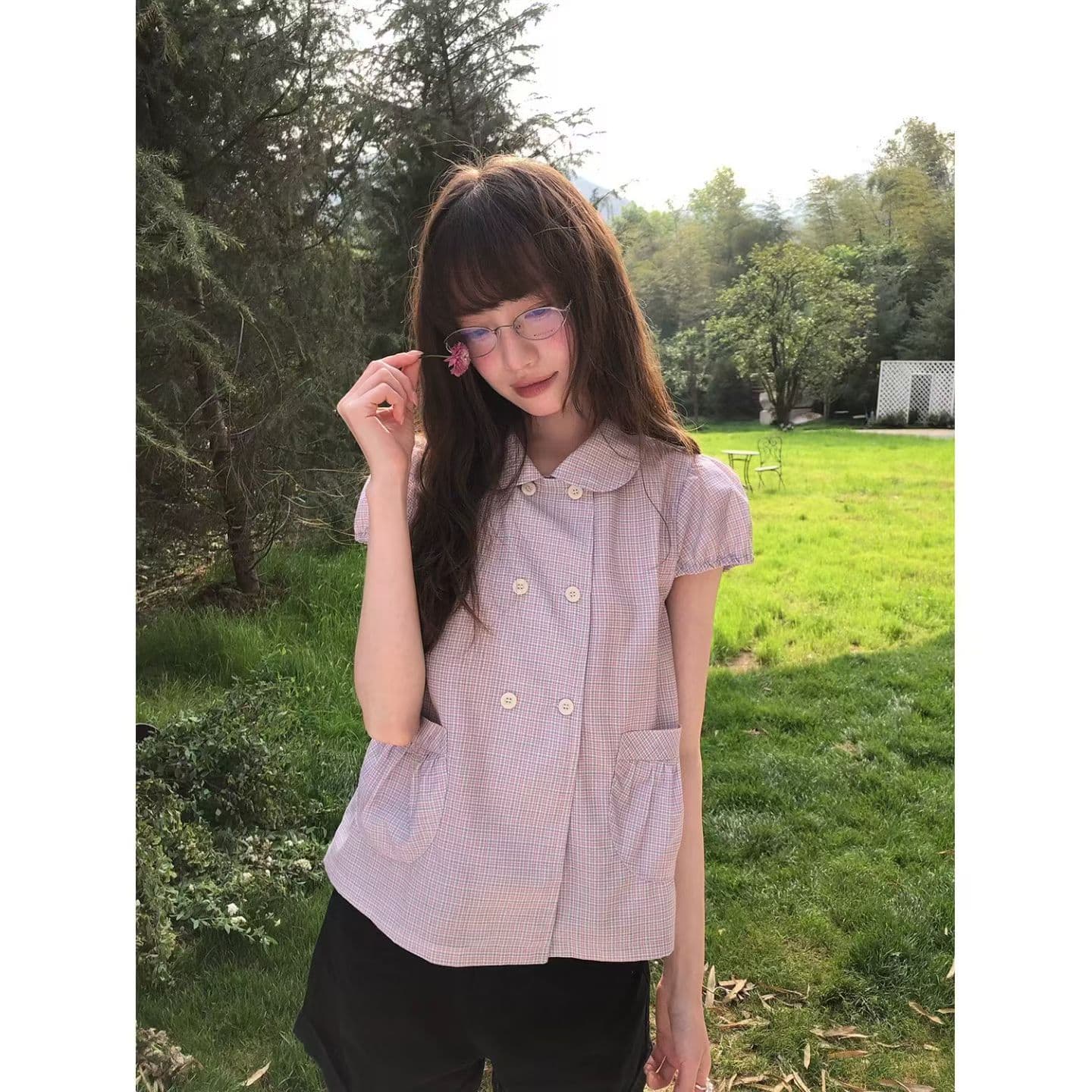 재고 있음 chic 달콤함 레트로 학원 스타일 베이비 칼라 반팔 여성 셔츠 상세 이미지 18