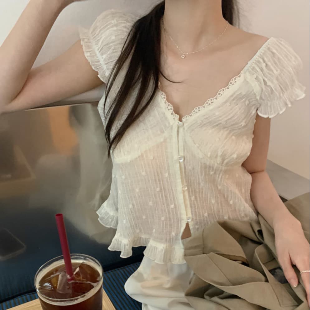 재고 있음 한 부서 여름 신선함 V넥 귀여운 연령 감소 인형 셔츠 일상 다용도 작은 셔츠