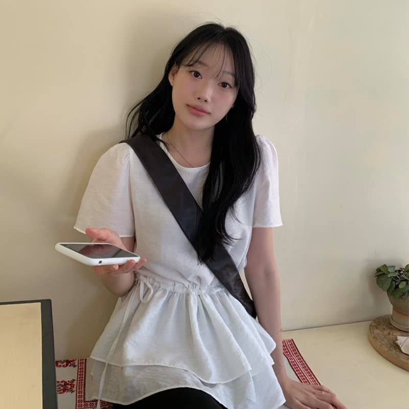 있음 선적 chic 한국 스타일 이중층 프릴 허리 수축 라운드 넥 반팔 셔츠 상세 이미지 4