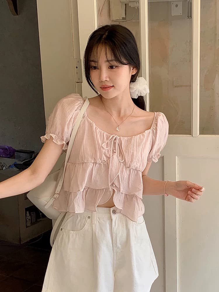 재고 있음 오프숄더 맨위 여성용 짧은 소매 레이스업 쉬폰 블라우스 프릴 거품 소매 쇼트 스타일 셔츠 이미지 2