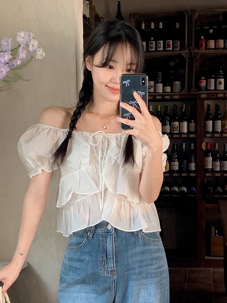 재고 있음 오프숄더 맨위 여성용 짧은 소매 레이스업 쉬폰 블라우스 프릴 거품 소매 쇼트 스타일 셔츠 상세 이미지 3