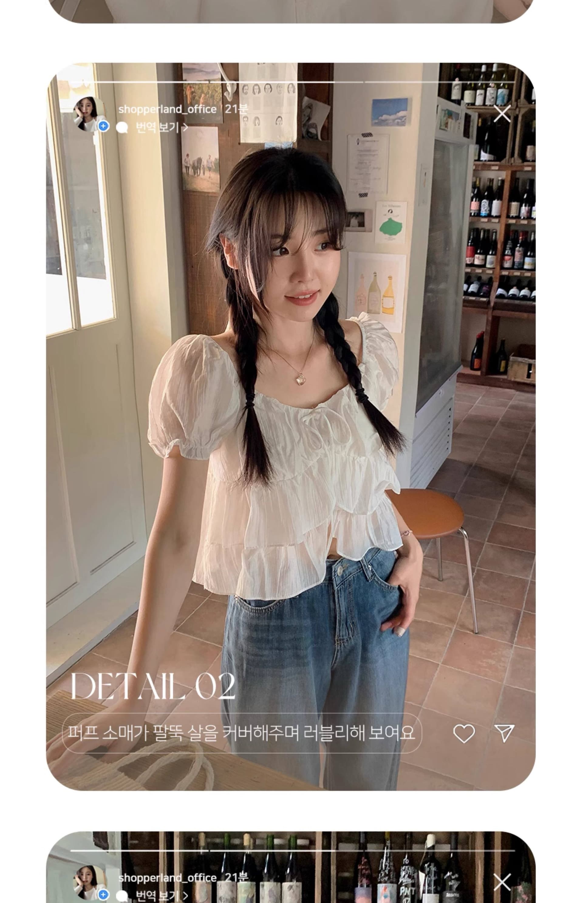 재고 있음 오프숄더 맨위 여성용 짧은 소매 레이스업 쉬폰 블라우스 프릴 거품 소매 쇼트 스타일 셔츠 상세 이미지 7