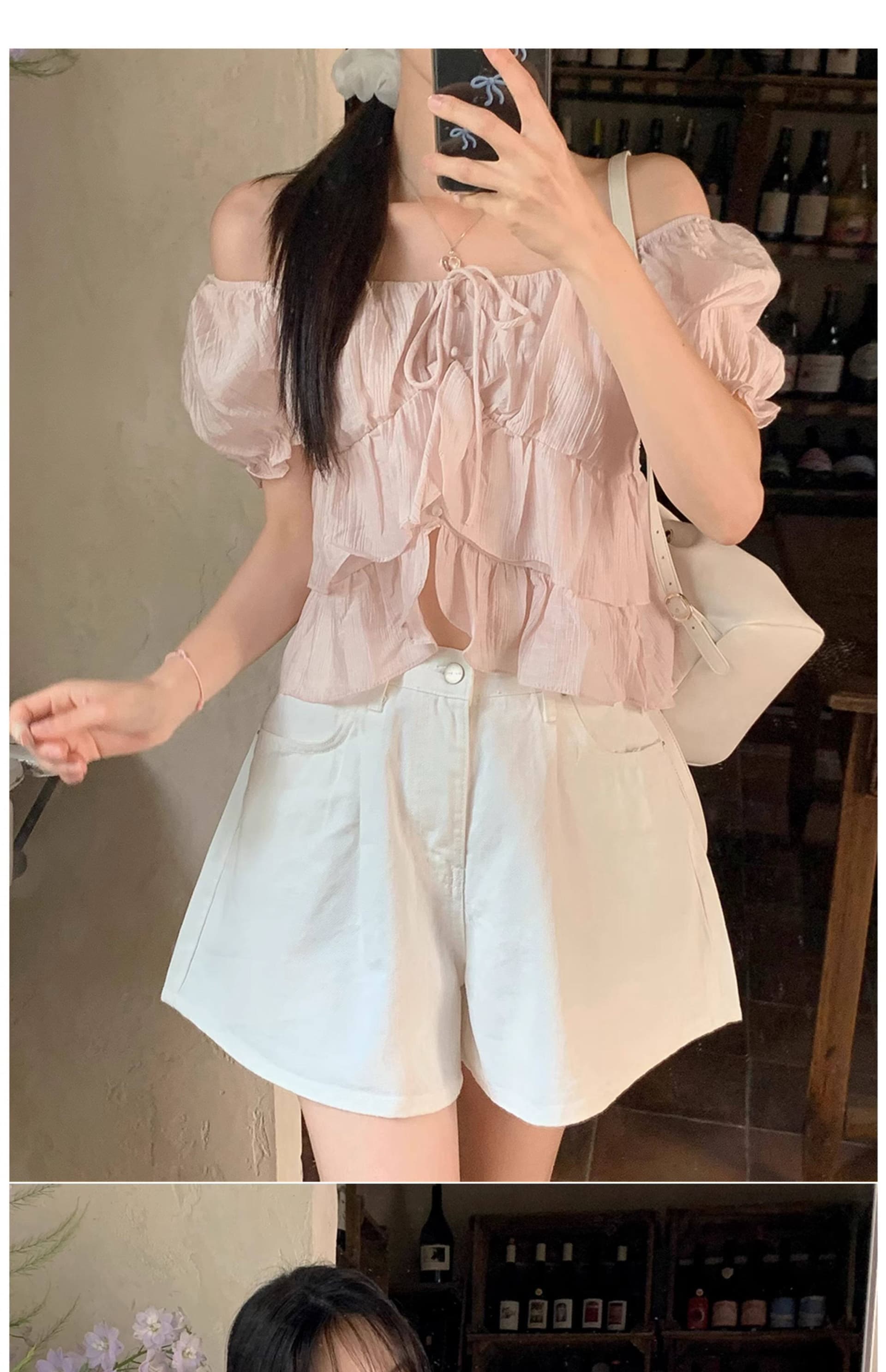 재고 있음 오프숄더 맨위 여성용 짧은 소매 레이스업 쉬폰 블라우스 프릴 거품 소매 쇼트 스타일 셔츠 상세 이미지 13