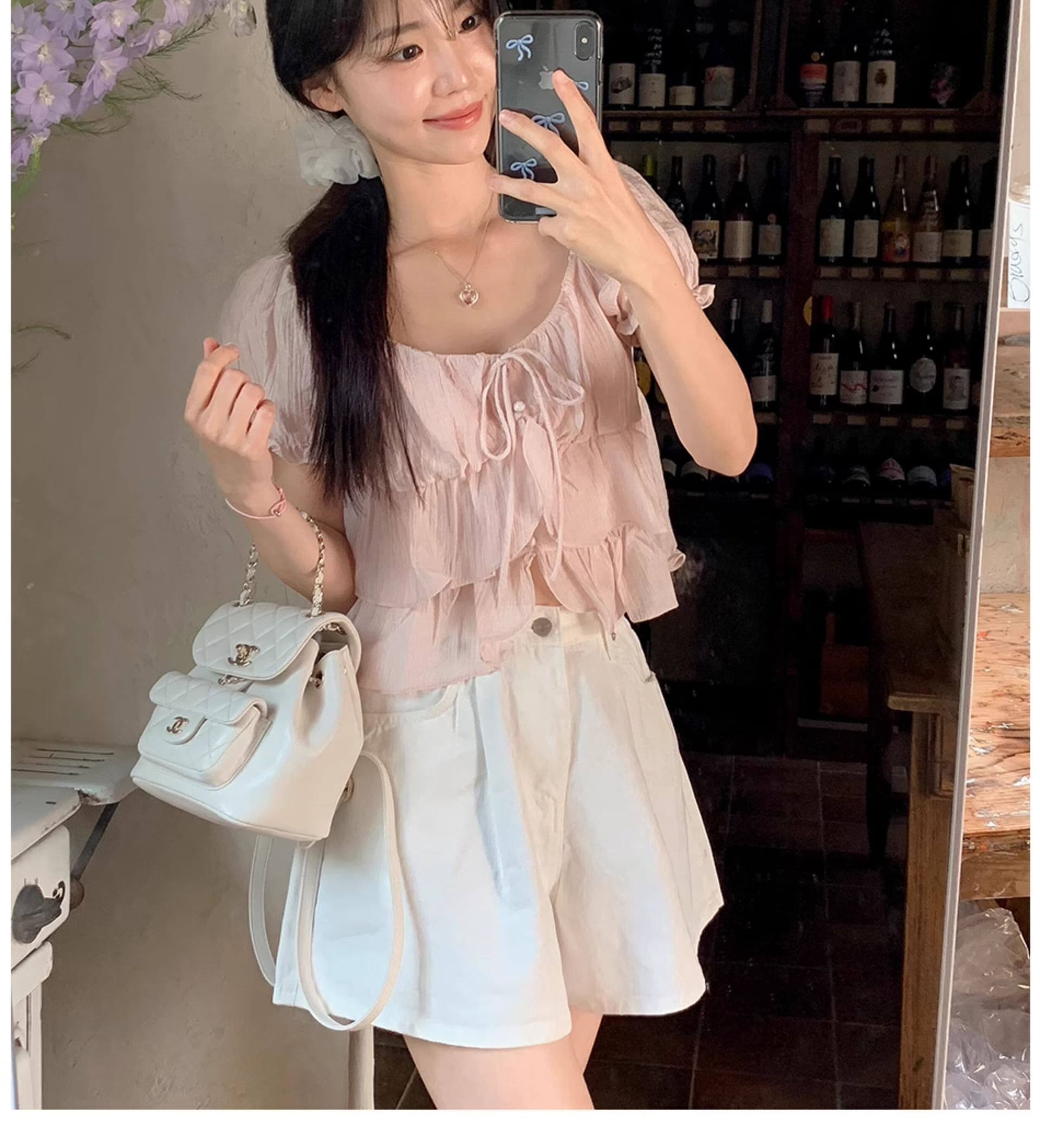 재고 있음 오프숄더 맨위 여성용 짧은 소매 레이스업 쉬폰 블라우스 프릴 거품 소매 쇼트 스타일 셔츠 상세 이미지 14