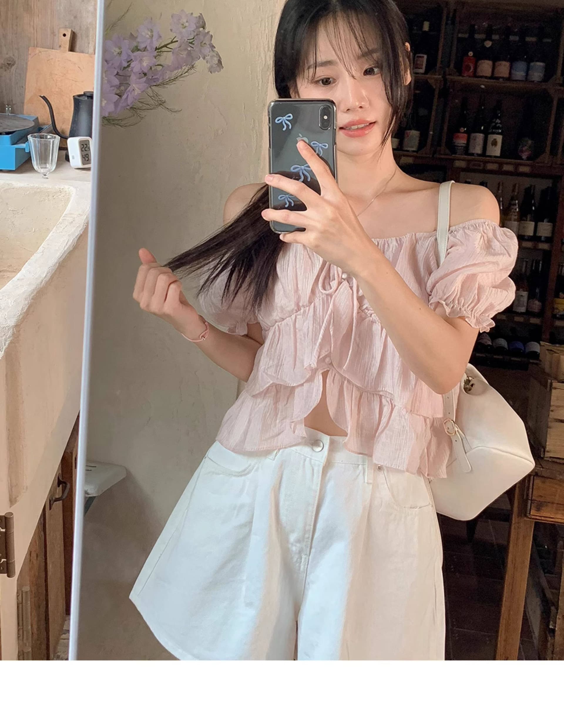 재고 있음 오프숄더 맨위 여성용 짧은 소매 레이스업 쉬폰 블라우스 프릴 거품 소매 쇼트 스타일 셔츠 상세 이미지 15