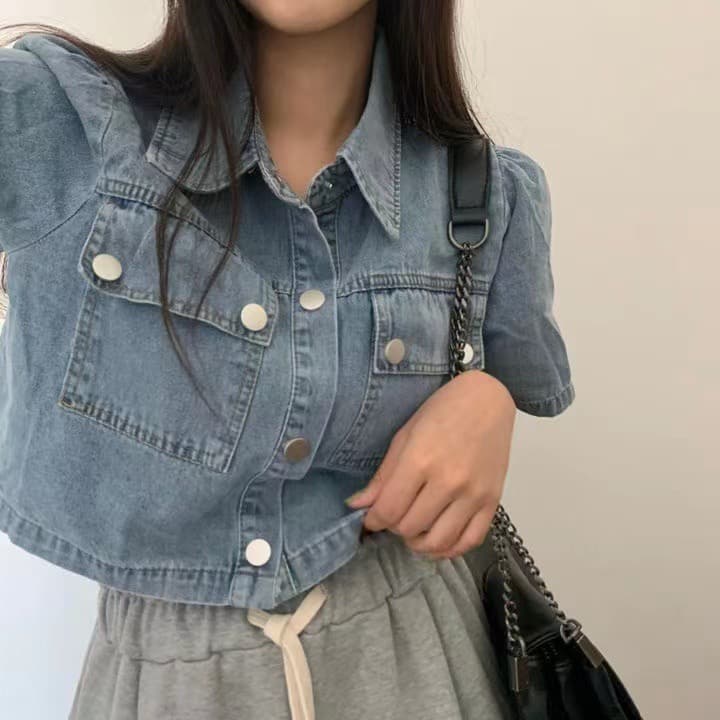 재고 있음 chic 한국 스타일 폴로 칼라 더블 주머니 데님 짧은 외투 반팔 맨위 상세 이미지 1