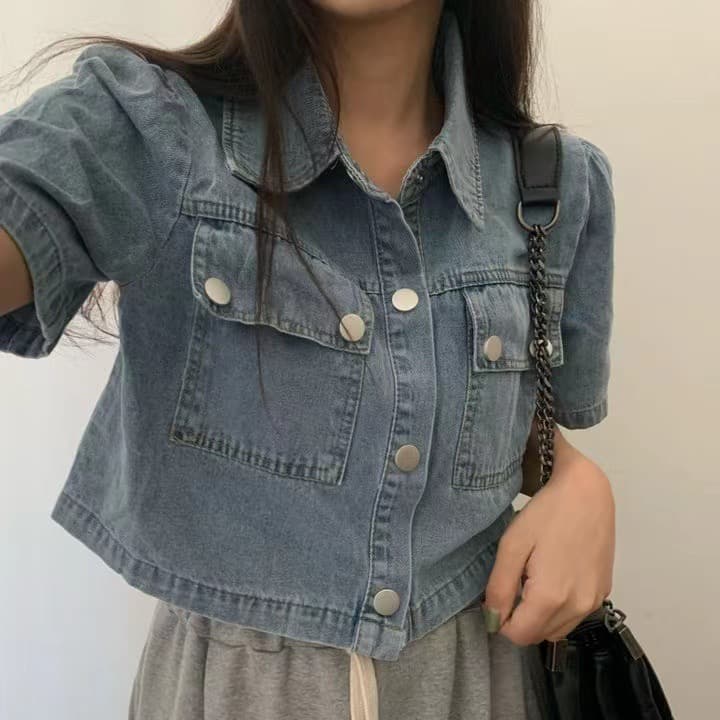 재고 있음 chic 한국 스타일 폴로 칼라 더블 주머니 데님 짧은 외투 반팔 맨위 상세 이미지 5