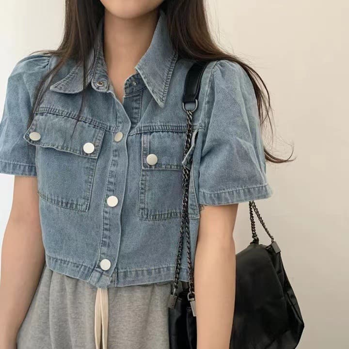 재고 있음 chic 한국 스타일 폴로 칼라 더블 주머니 데님 짧은 외투 반팔 맨위 상세 이미지 6
