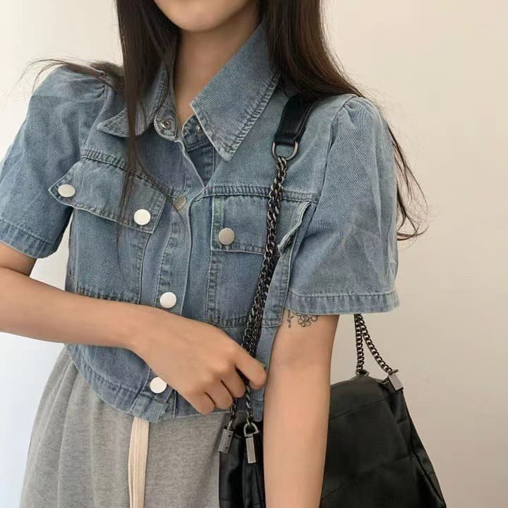 재고 있음 chic 한국 스타일 폴로 칼라 더블 주머니 데님 짧은 외투 반팔 맨위 상세 이미지 8