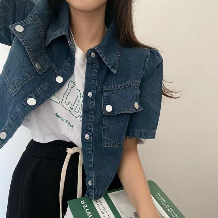 재고 있음 chic 한국 스타일 폴로 칼라 더블 주머니 데님 짧은 외투 반팔 맨위 상세 이미지 13