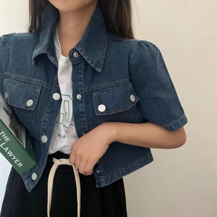 재고 있음 chic 한국 스타일 폴로 칼라 더블 주머니 데님 짧은 외투 반팔 맨위 상세 이미지 18