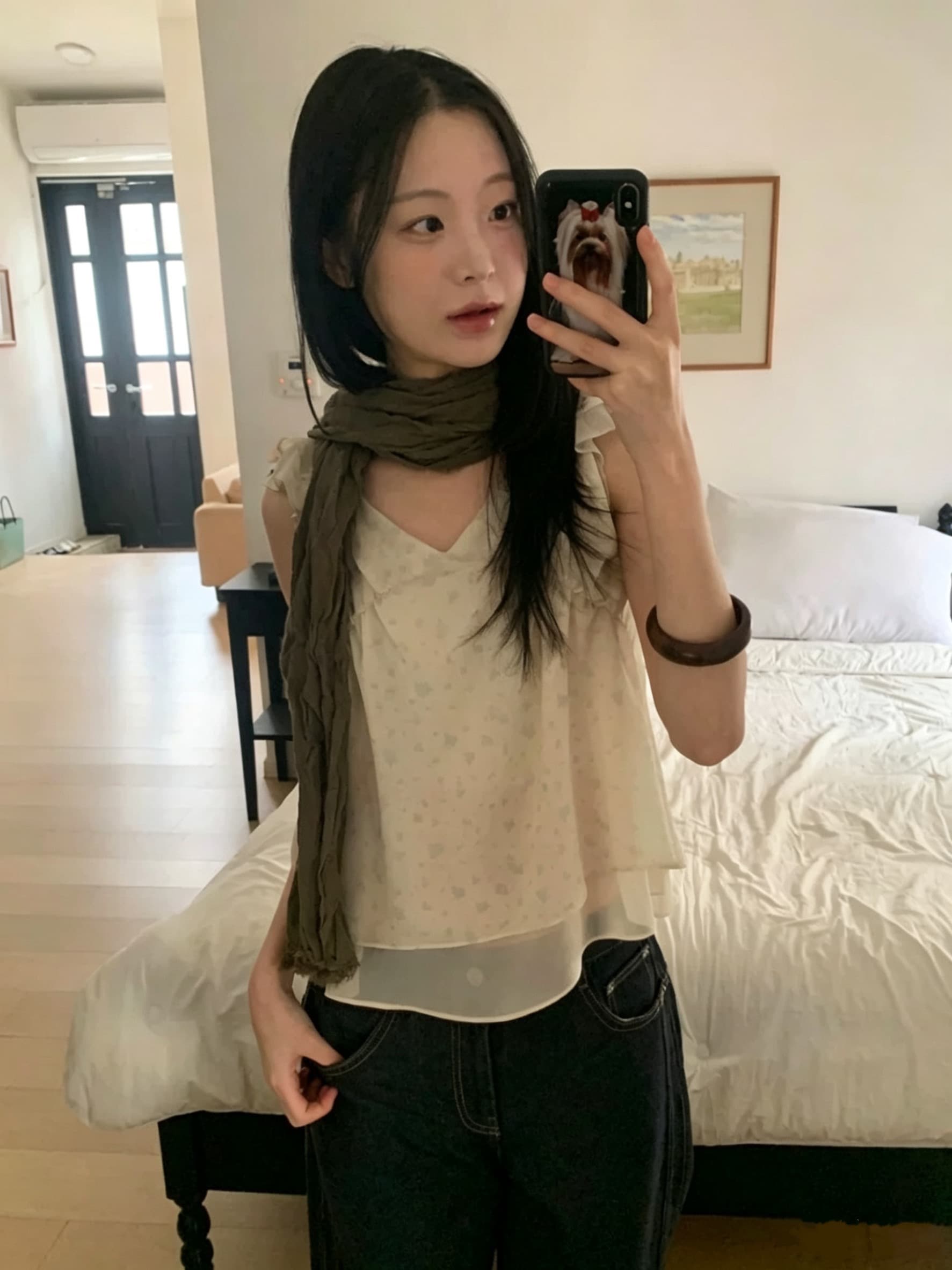 재고 있음 chic 동대문 부드러운 바람 꽃무늬 프릴 작은 날다 소매 쉬폰 셔츠 상세 이미지 13