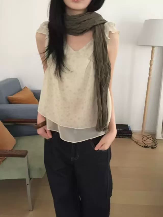 재고 있음 chic 동대문 부드러운 바람 꽃무늬 프릴 작은 날다 소매 쉬폰 셔츠 상세 이미지 15