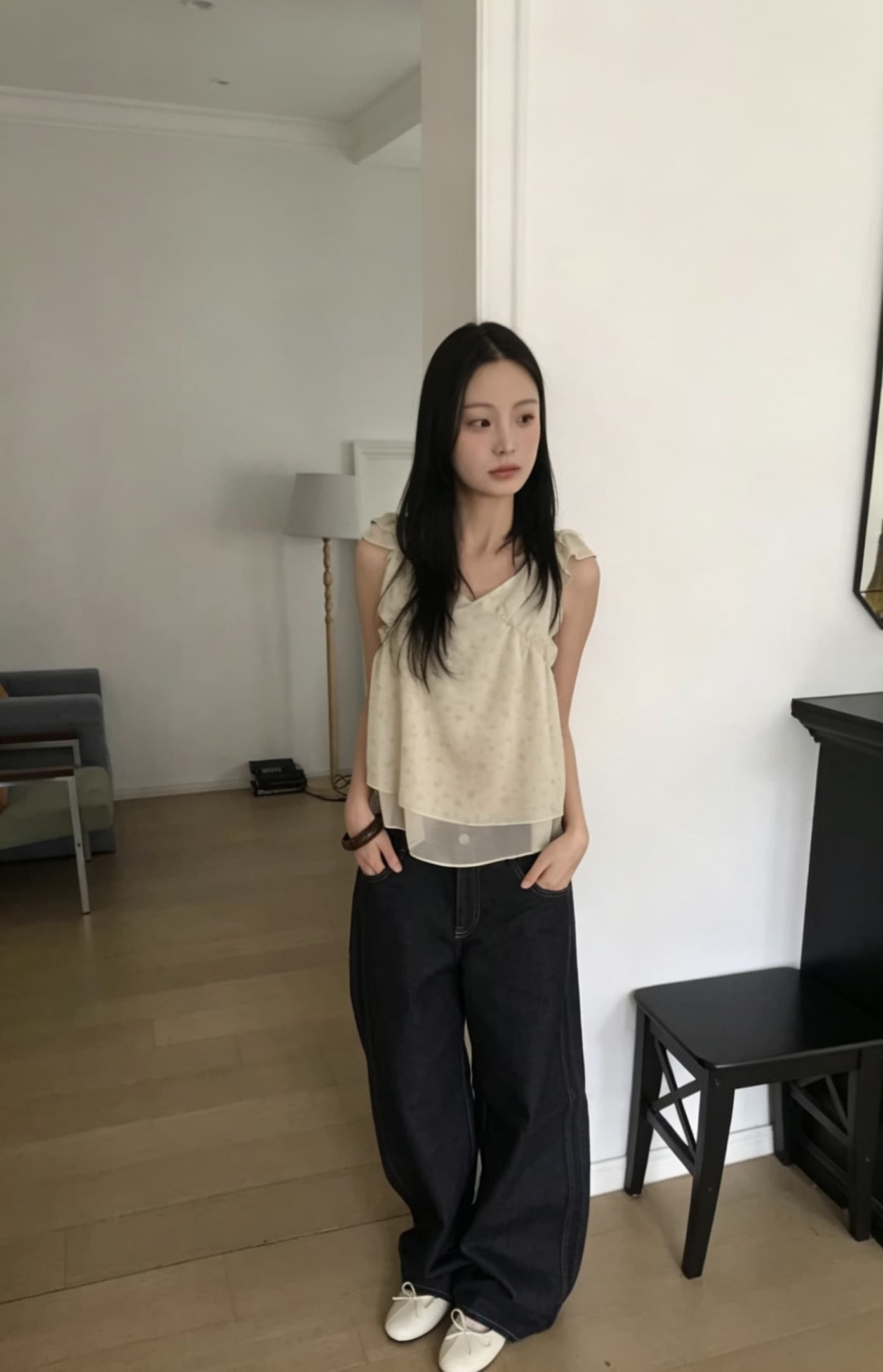 재고 있음 chic 동대문 부드러운 바람 꽃무늬 프릴 작은 날다 소매 쉬폰 셔츠 상세 이미지 22