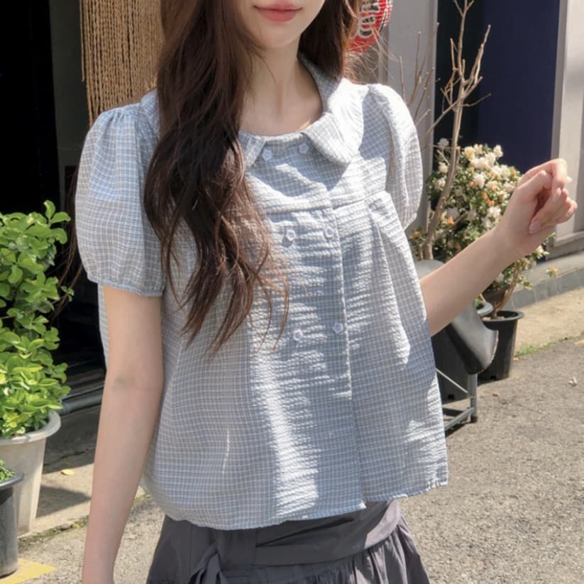 재고 있음 chic 한국 스타일 여름 새로운 연령 감소 베이비 칼라 꽃 버클 이중 버튼 반팔 셔츠 이미지 5