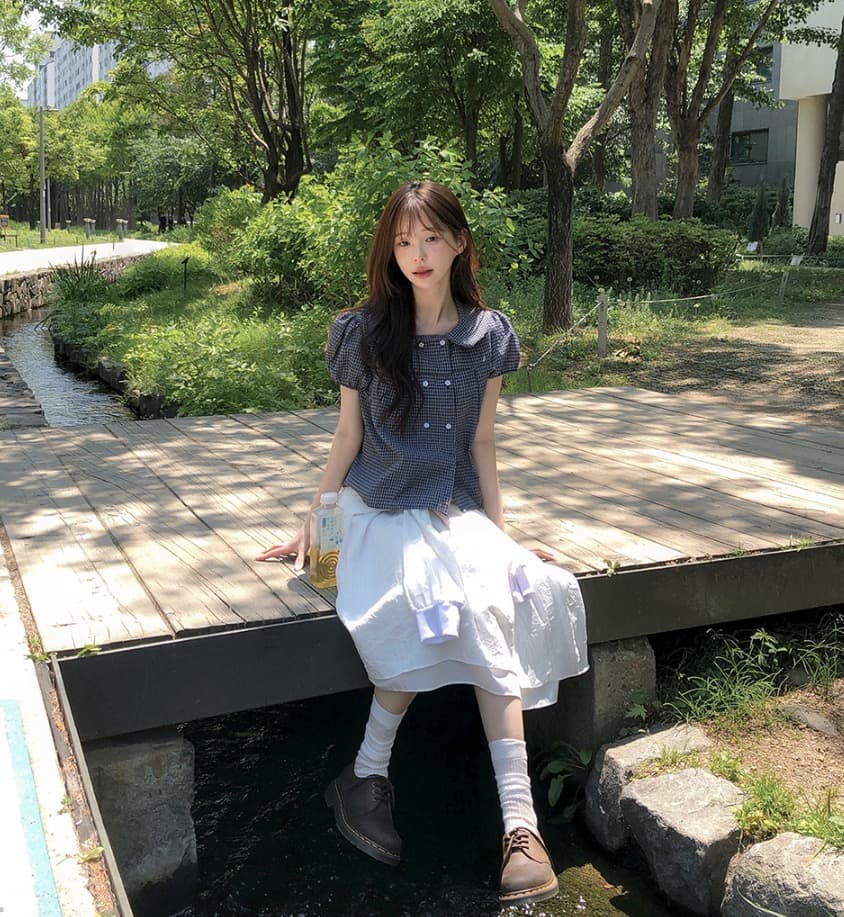 재고 있음 chic 한국 스타일 여름 새로운 연령 감소 베이비 칼라 꽃 버클 이중 버튼 반팔 셔츠 상세 이미지 4