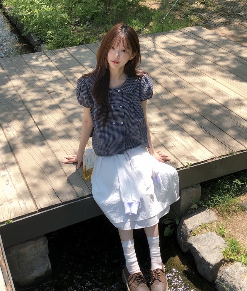 재고 있음 chic 한국 스타일 여름 새로운 연령 감소 베이비 칼라 꽃 버클 이중 버튼 반팔 셔츠 상세 이미지 5
