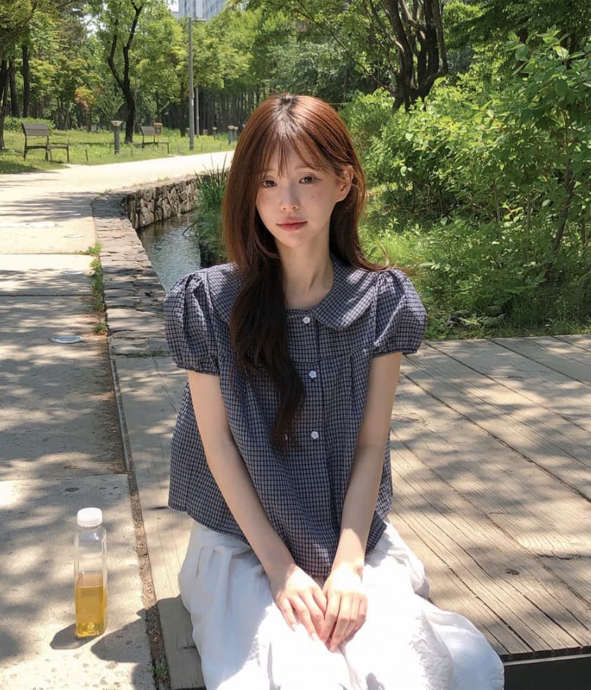 재고 있음 chic 한국 스타일 여름 새로운 연령 감소 베이비 칼라 꽃 버클 이중 버튼 반팔 셔츠 상세 이미지 6