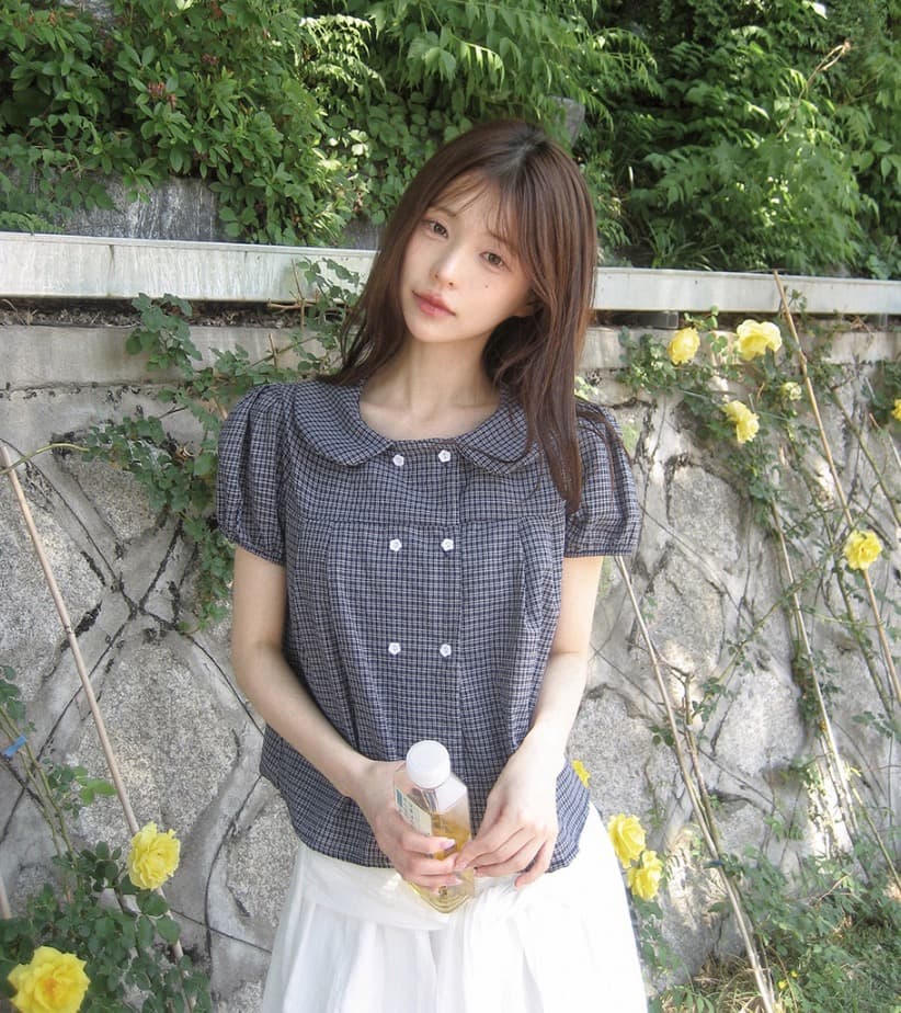 재고 있음 chic 한국 스타일 여름 새로운 연령 감소 베이비 칼라 꽃 버클 이중 버튼 반팔 셔츠 상세 이미지 13