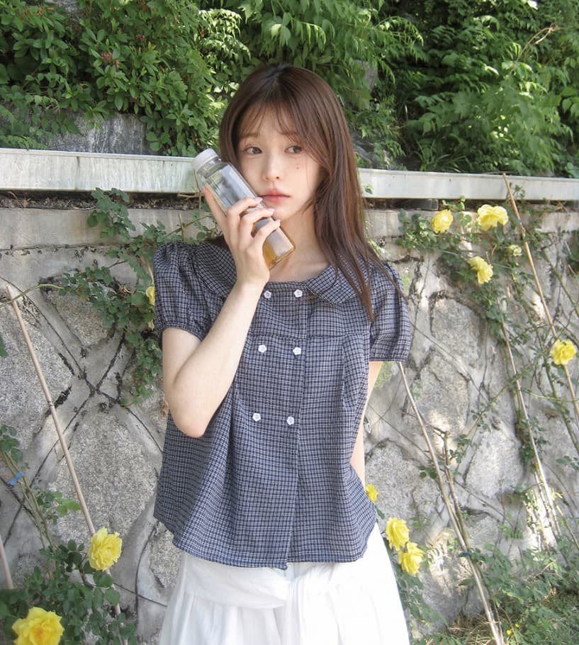 재고 있음 chic 한국 스타일 여름 새로운 연령 감소 베이비 칼라 꽃 버클 이중 버튼 반팔 셔츠 상세 이미지 14