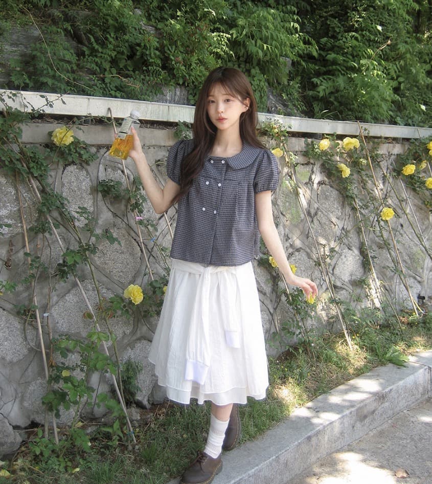 재고 있음 chic 한국 스타일 여름 새로운 연령 감소 베이비 칼라 꽃 버클 이중 버튼 반팔 셔츠 상세 이미지 16