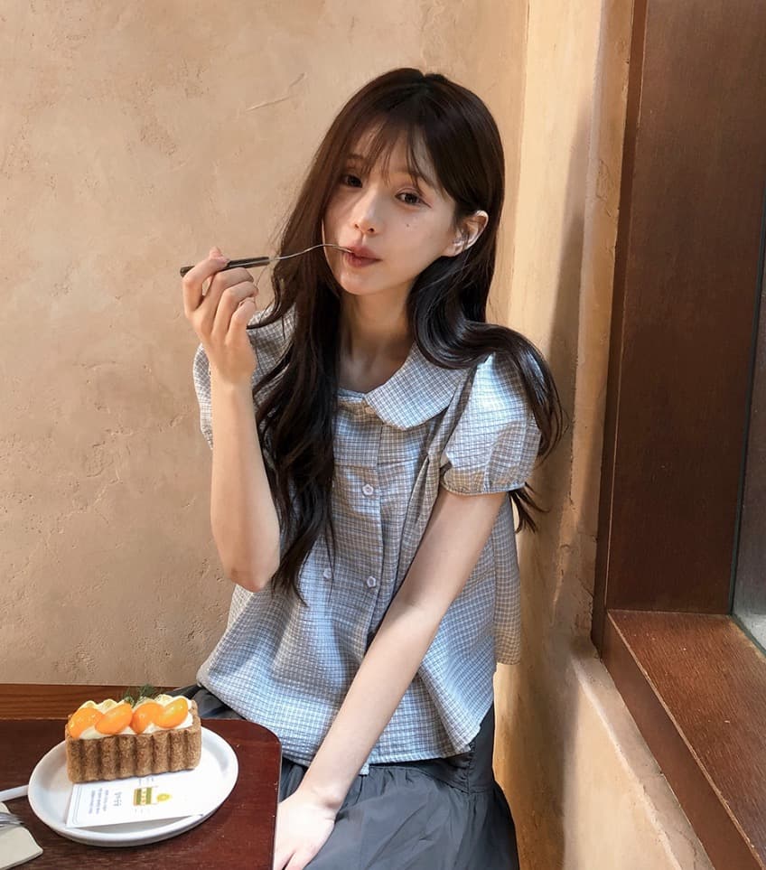 재고 있음 chic 한국 스타일 여름 새로운 연령 감소 베이비 칼라 꽃 버클 이중 버튼 반팔 셔츠 상세 이미지 21