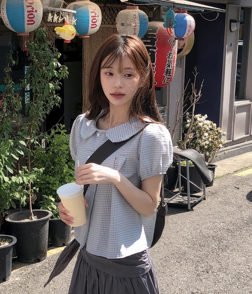재고 있음 chic 한국 스타일 여름 새로운 연령 감소 베이비 칼라 꽃 버클 이중 버튼 반팔 셔츠 상세 이미지 23