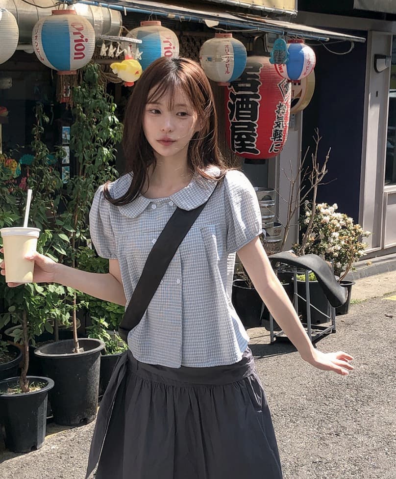 재고 있음 chic 한국 스타일 여름 새로운 연령 감소 베이비 칼라 꽃 버클 이중 버튼 반팔 셔츠 상세 이미지 24
