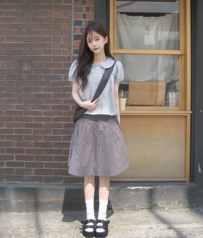 재고 있음 chic 한국 스타일 여름 새로운 연령 감소 베이비 칼라 꽃 버클 이중 버튼 반팔 셔츠 상세 이미지 25